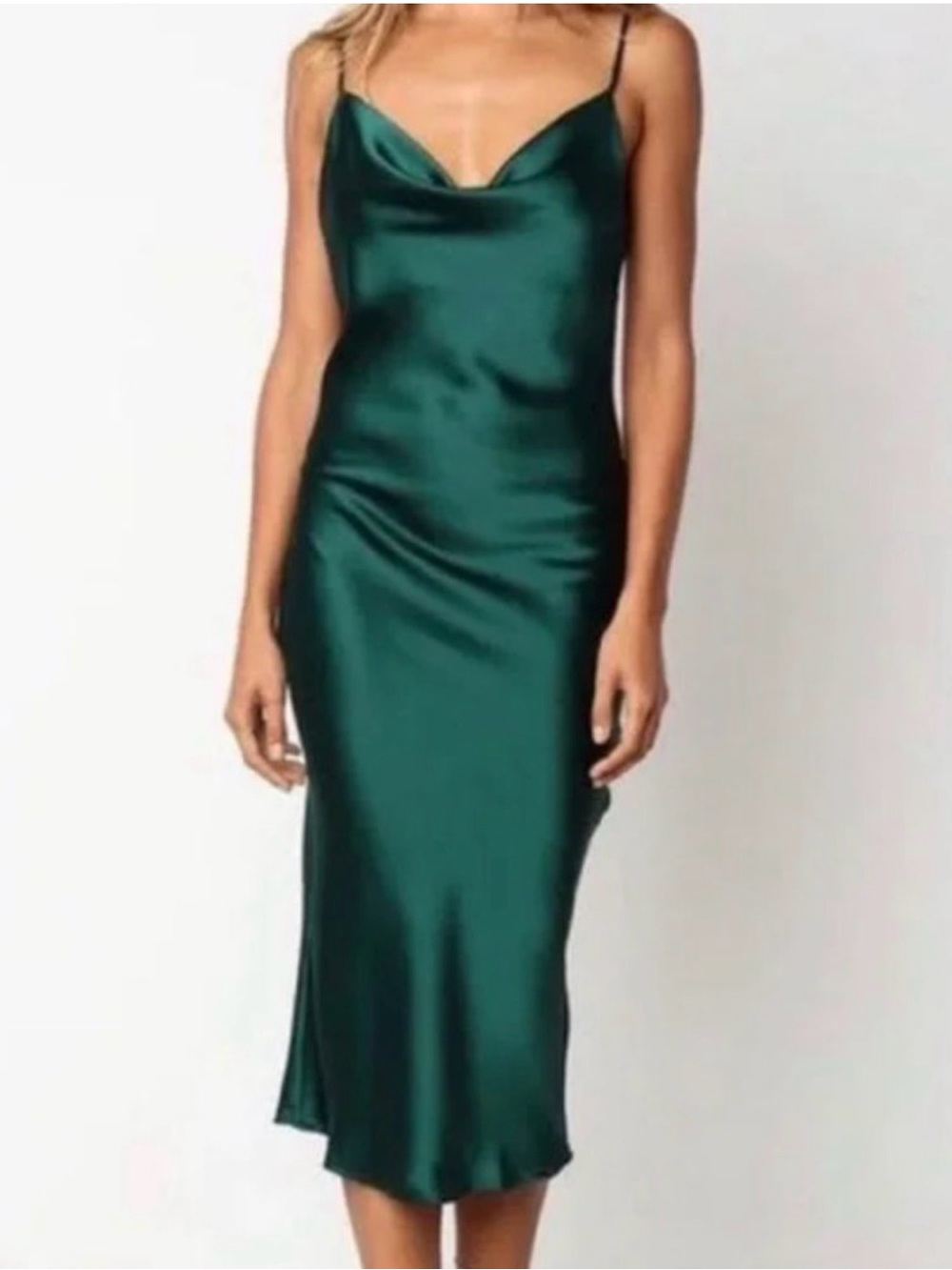 Zara Emerald Green Satin Slip Dress with Cowl Neckline Midi Length Size XS